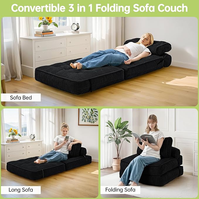 Folding Sofa Bed Convertible Foldable Chair Bed Floor Couch for Adults Comfy Floor Sofa Small Couches for Small Spaces Black