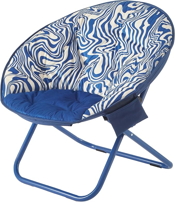 Urban Lifestyle Printed Back Micromink Saucer™ Chair with Navy Legs and Side Storage Pocket Blue and White Swirl