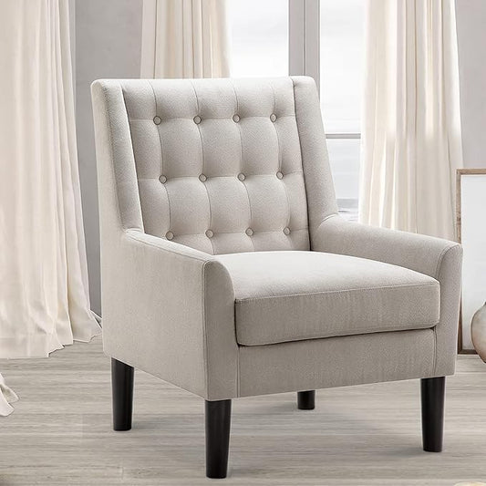 Rosevera Accent Chair - Button Tufted Armchair for Living Room Bedroom Reading - Mid-Century Modern Lounge Chair Set - Natural