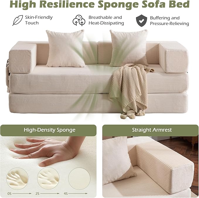 4 in 1 Convertible Sleeper Sofa Bed78’’ Compression Folding Sofa Bed with Pillows &amp Side Pockets Fold Out Floor Couch Boneless Couch for Living RoomBedroomWhite