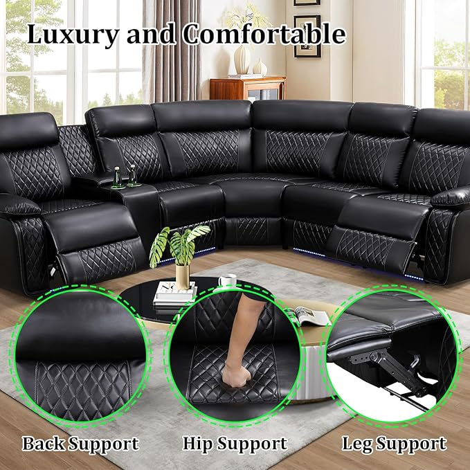 Power Recliner Sectional Couch for Living RoomLeather Reclining Sectional Sofa with LED Lights L Shpaed Corner Leather Couch with Storage Console&ampCup Holders&ampUSB ChargingBlack