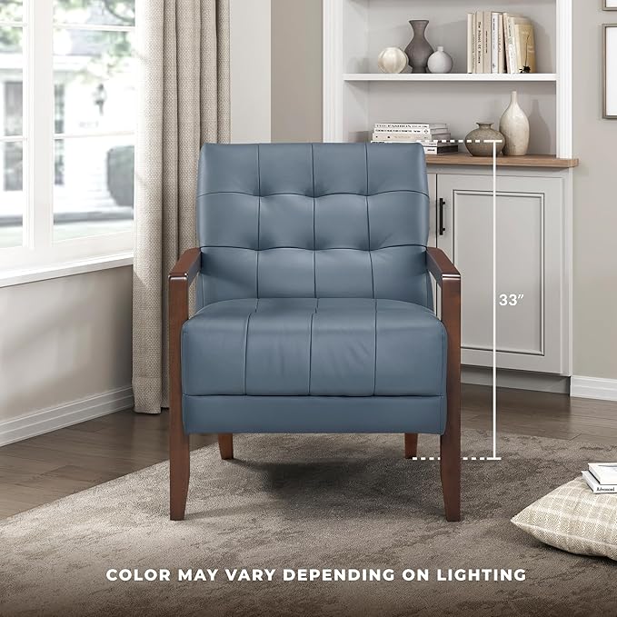 Lexicon Modern Accent Chair Luxury Genuine Leather Match Living Room Chair with Tufted Cushions Solid Wood Frame and Arm Rest Comfy Upholstered Single Seat for Bedroom/Reading/Office Blue