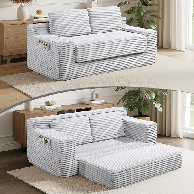 Boneless Loveseat Sofa: 70 Inch Corduroy Cloud Double Sofa 2-in-1 Convertible Cloud Sofa Bed for Living Room Apartment &amp Small Spaces (Minimalist Light Gray)