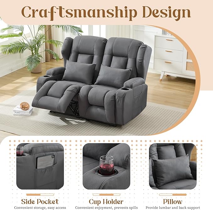 BINGTOO Manual Double Loveseat Recliner Sofa 2-Seater RV Wall Hugger Couch for Living Room &amp Home Theater with Cup Holders/Side Pockets/Lumbar Pillows Fabric Dark Gray