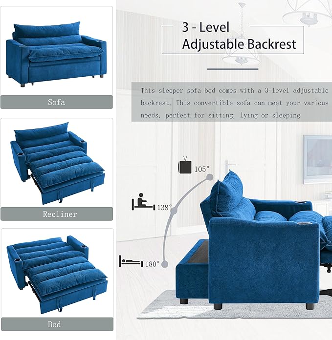KEIKI Convertible Sleeping Sofa Bed Velvet Pullout Sofa Multi-Functional 3 in 1 Recliner Chair with Adjustable Back for Apartment Living Room Blue
