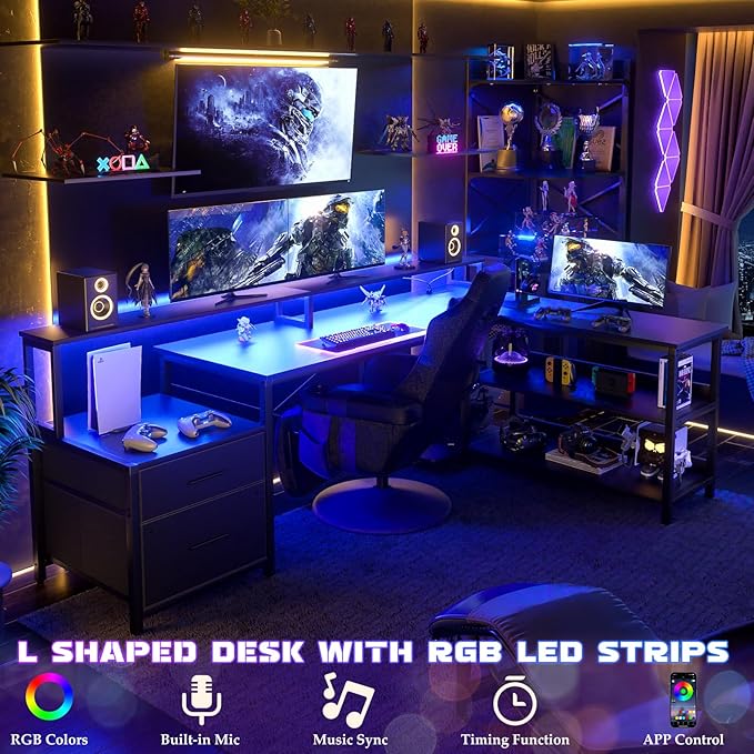Aheaplus L Shaped Desk with Power Outlet Reversible L Shaped Computer Desk with File Drawer &amp Monitor Stand Gaming Desks with LED Strip Home Office Desks with Storage Shelf1Black