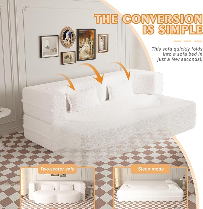 78 Teddy Folding Floor Sofa Couch BedConvertible Folding Sofa Bed Full Size Love Seat Sleeper Bed Floor Sofa Bed with 2 Pillows for Living Room Apartment Office (Beige)