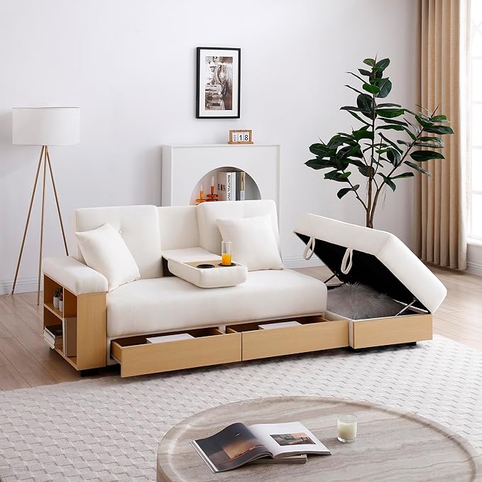 KEIKI Multi-Functional Sofa Sleeper with Storage Ottoman and Two Pull Out Drawer Fold Out Couch Bed with Side Storage Rack and Drop Down Table with 2 Cup Holders