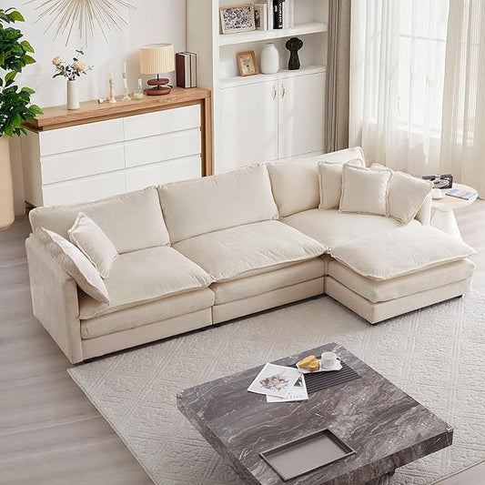 mikibama Modular Sectional Sofa 111.5 Inch L Shaped Couch Set for Living Room 3-Seater Comfy Cloud Couches with Movable Ottoman DIY Combination Chenille Light Coffee