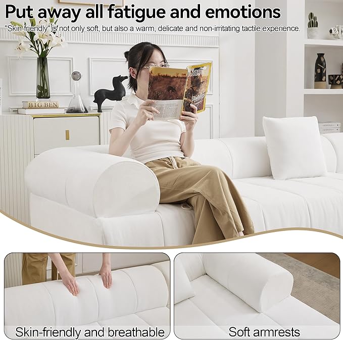 119'' Curved Boneless Sofa Couch 3 Seat Cloud L Shaped Deep Seat Couches for Living Room No Assembly Modular Sofa with Right Chaise Lounge White