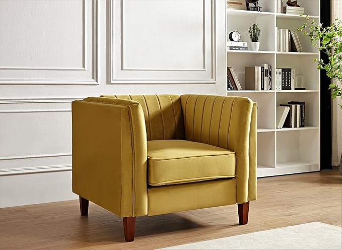 Container Furniture Modern Luxury Velvet Chair for Living Room with High Density Foam Soft Fabric Upholstery Removable Cushions and Solid Wood Legs 36.6'' Wide Armchair Mustard Yellow