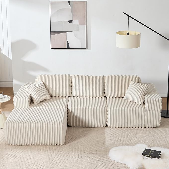 101.5'' Modular Sectional Sofa Cloud Sectional Couch with Deep Seat Comfy Fluffy L Shaped Couches Memory Foam Sofa with 1 Ottoman Corduroy Boneless Couch No Assembly Required Beige