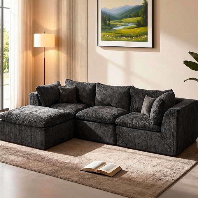 STHOUYN 114” Modern Black Boneless Sectional Couches for Living Room Black Modular L Shape Cloud Sofa Couch with Ottoman Comfy Big Oversized Corner Couch in a Box(Black 3 Seater + 1 Ottoman)