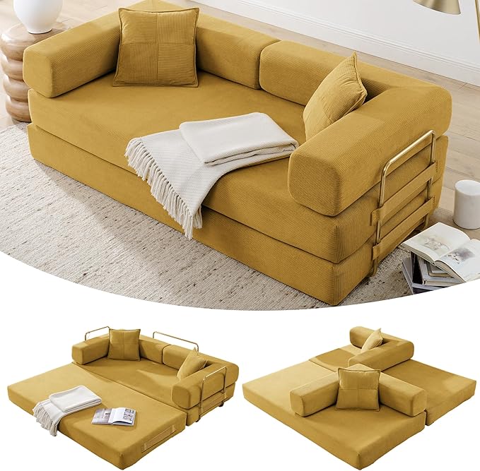 4-in-1 Folding Convertible Floor Sofa Bed 78 Oversized Compression Sofa No Assembly Required King Futon Lazy Couch Corduroy Loveseat Sleeper with Pull Out Bed Modular Futon Couch