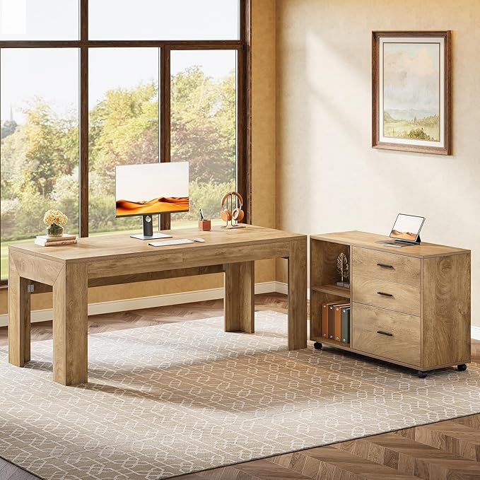 Tribesigns 63 L Shaped Desk with Storage Executive Office Desk with Mobile Lateral File Cabinet Combo Large Computer Table with Drawers and Shelves Business Furniture Set for Home Office Brown