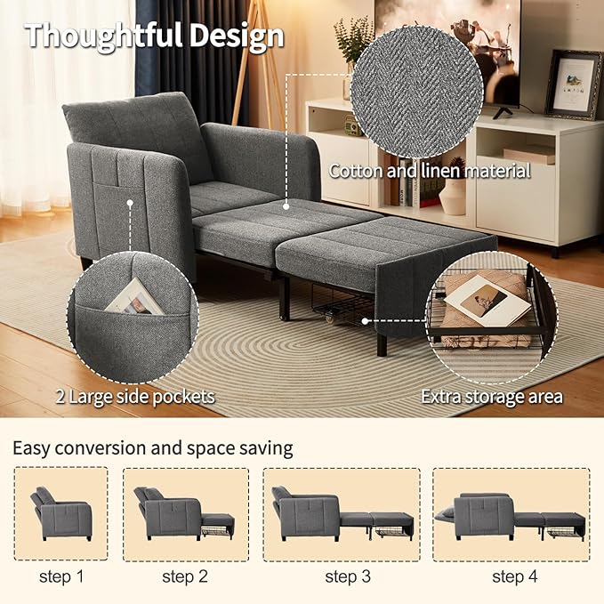 Sleeper Chair 84 Extra Long Convertible Chair Bed Upgraded 3-in-1 to 4-in-1 Pull Out Chair &amp Single Sofa Bed for Adult Sleeping Chair for Living Room &amp Small Space (Dark Grey)
