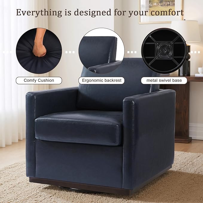 Faux Leather Swivel Accent Chairs Set of 2 360° Swivel Upholstered Club Armchairs for Living Room 31 Wide Square Single Sofa Reading Chair with Deep Seat Metal Swivel Base Navy