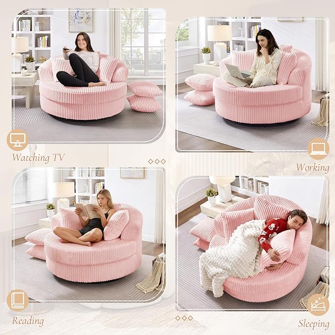 360 Degree Oversized Swivel Chair 50 Round Lounge Chair Modern Accent Circle Chair W/ 5 Pillows Upholstered Corduroy Sofa Chair for Living Room Bedroom Apartment Pink