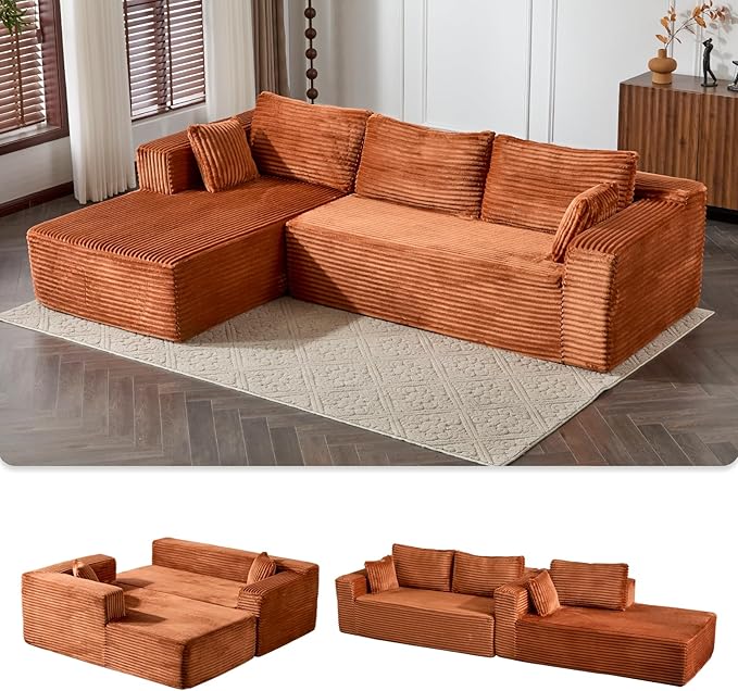 110 Modular Sectional Boneless Couchw ith Chaise LoungePlush Corduroy Upholstered Cloud CouchDeep Seat L-Shaped Floor SofaCompressed Packaging for Easy DeliveryNo Assembly NeededOrange