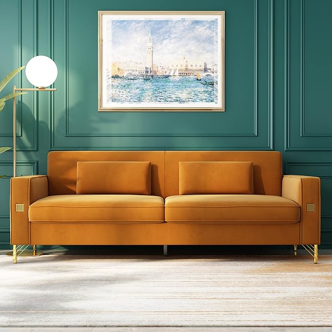 85 Velvet SofaMid-Century Modern Chesterfield 3 Seat Comfy Couch with Pillows Set of 2 for Living RoomBedroomApartment Furniture with Gold Metal Legs (P18-Orange)