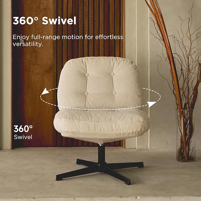 Nouhaus Balloon Criss Cross Chair Cross Legged Swivel Vanity Chair with Wide Comfy Padded Seat Armless No Wheels Fabric Modern Home Lounge Chairs for Living RoomBedroom(Beige)