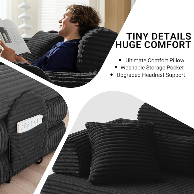 79'' Upgrade High Backrest Convertible Sofa Bed with Fixed Frame Removable Armrests &amp Backrest Corduroy Sleeper Couch No Assembly Guest Bed for Small Spaces (High Backrest Black) | Convertible