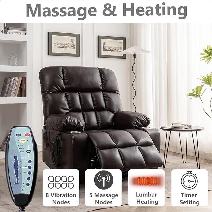 Oversized Power Lift Recliner Chair for Adult Elderly Dual Motor Lay Flat Electric Recliner with Massage &amp Heat 25.5 Wide Seat Big Tall Recliners for Living Room PU Brown