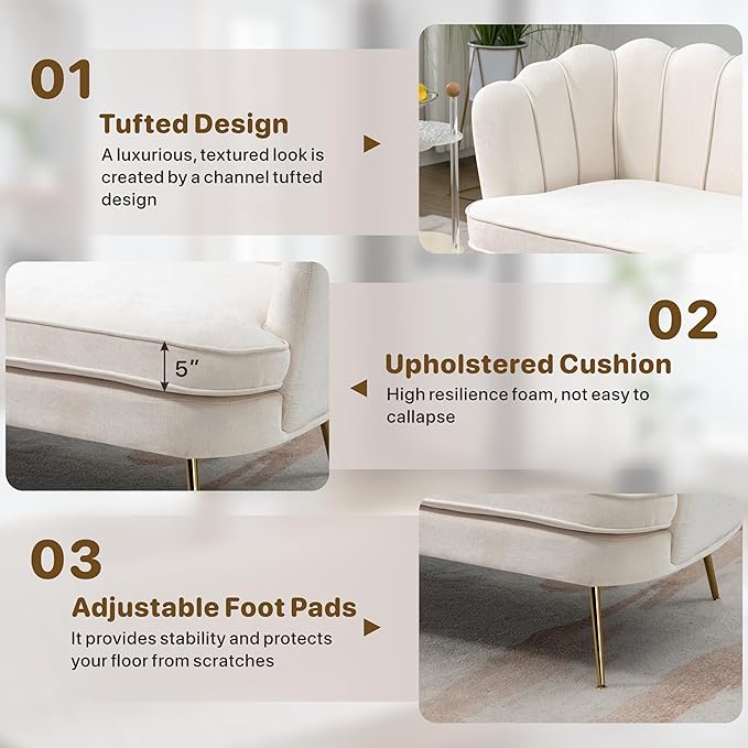 Mlmh &amp Kngwa 59 Small Chenille Loveseat Sofa 2 Seater Couch Settee with Gold Metal Legs Comfy Upholstered Floral Mini Sofa for Bedroom Living Room Apartment Beige