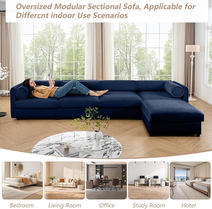 Oversized Modular Sectional Sofa 142.5 Chenille L-Shaped Sofa with Cylindrical Backrest &amp Armrest Modern Comfy 4-Seat Sofa with Ottoman Upholstered Deep Seat Couch for Living Room Blue