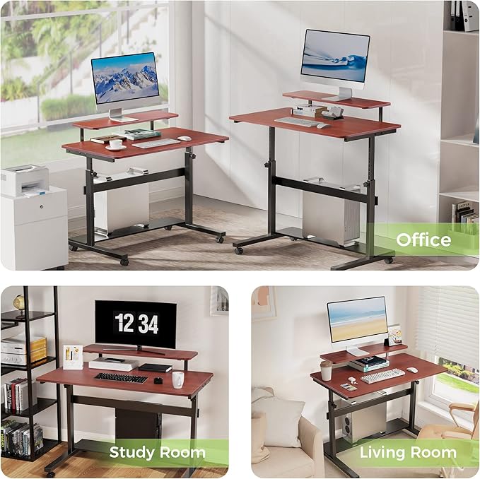 Eureka Ergonomic Mobile Standing Desk 41 Inch Lockable Home Office Height Adjustable Computer Desk PC Table with Hutch Teak Top