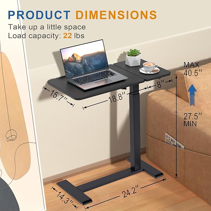 Adjustable Overbed Bedside Table with Hidden Wheels Pneumatic Tilt Board Rolling Laptop Standing Desk Cart Mobile Over Bed Sofa Chair Side End Tables Walnut (Black)