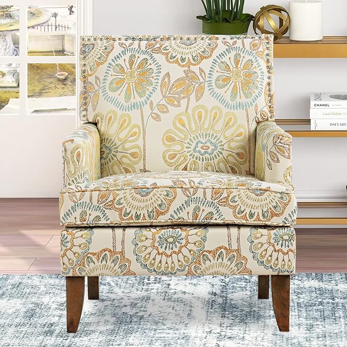 Modern Floral Wingback Accent Chair - Upholstered Fabric Club Chair for Living Room Bedroom &amp Reception Room Mid-Century Comfort Sofa Chair with Elegant Home Decor (Floral 1)