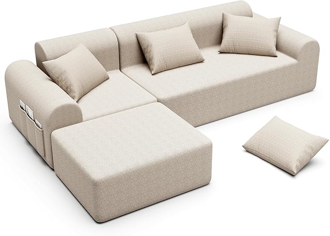 105.5” Cloud Boneless Sectional Sofa for Living Room L-Shaped 4-Seater Modular Couch with Ottoman &amp 4 Pillows Deep Seat Chenille Fabric Sofa No Assembly 72H Full Restore Beige