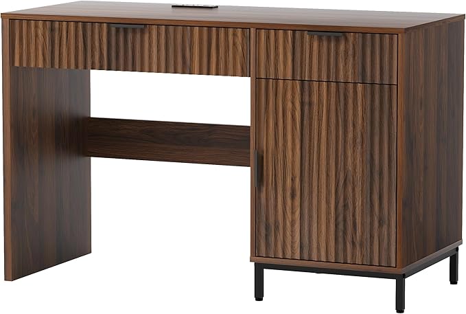 47 Office Desk with Fluted Drawers Wooden Home Exectuive Desk with Storage Cabinet Charging Station Metal Legs Modern Farmhouse Computer Desk for Work Study Brown