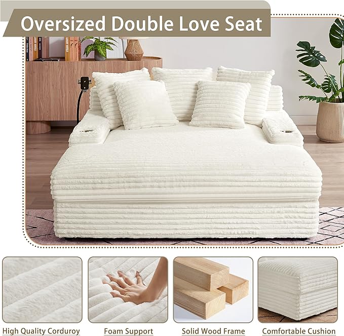 65.35 Oversized Chaise Lounge Chair for 2 Upholstered Sleeper Sofa Bed with Cup Holders | Charging Station | Removable Backrest | Backrest Pilow Fluffy Chair Sofa Couch for Living Room Beige