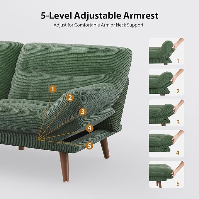 Pipishell Futon Sofa Bed 75 Inch Corduroy Futon Couch Convertible with Adjustable Backrest and Armrests Recliner Sleeper Sofa for Small Spaces Living Room Office Guest Room (Green 75 Inch)