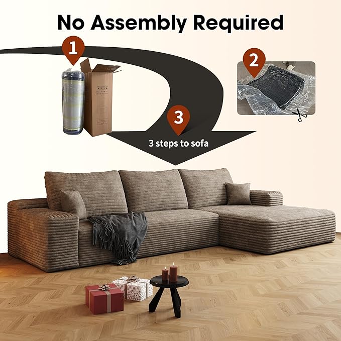 Boneless L-Shaped Modular Couch - 96 Inch Cloud Corduroy Sectional SofaDeep Seating Comfort No Assembly Ideal for Apartments &amp Small Living RoomsCamelRight Facing