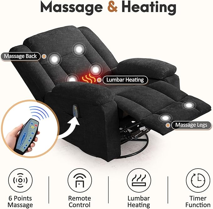 Rocker Recliner Chair for Adults 360° Swivel Rocker Recliner with Massage and Heating Nursery Rocking Chairs with Side Pockets Manual Reclining Chair for Living Room Bedroom or Nursery