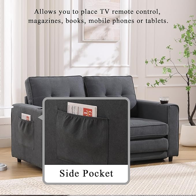 55 Loveseat Sofa Bed 3-in-1 Pull Out Floor Couch with Side Pockets &amp Cup Holder Floor Sofa Bed for Living Room Bedroom &amp Guest Room (Dark Gray)