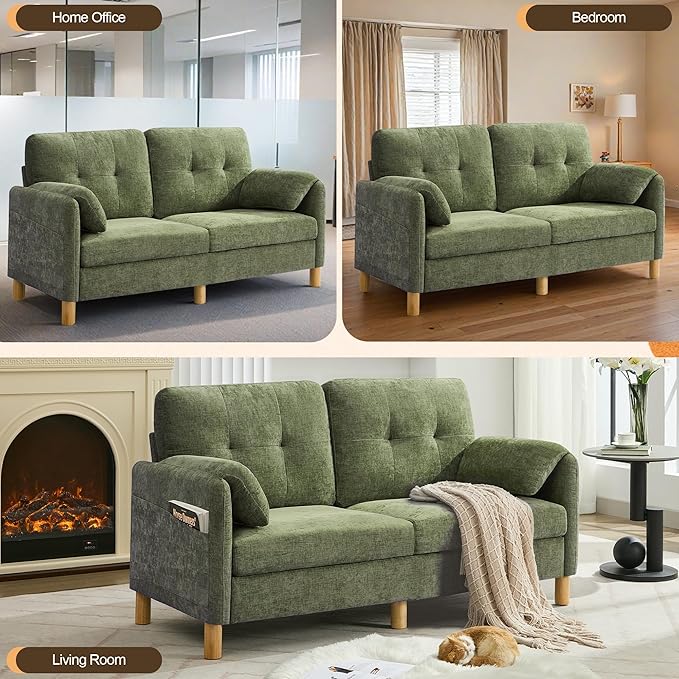 65 Chenille Modern Loveseat Sofa Upholstered 2-Seater Love Seat Couch with Armrest Pillows Storage Pockets Easy Assembly Tufted Loveseat Couches for Living Room Bedroom Green