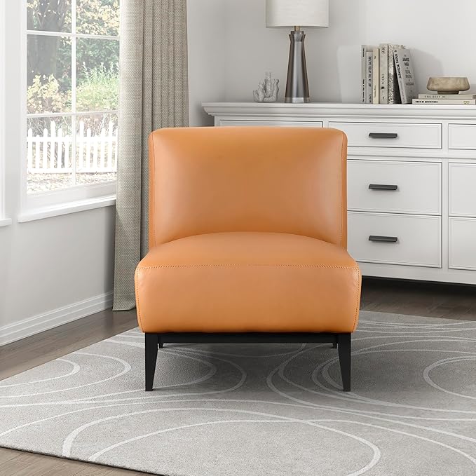 Lexicon Modern Living Room Leather Accent Chair Luxury Genuine 100% Top Grain Leather Upholstered Armless Chair Comfortable Seat Black Solid Wood Legs for Bedroom/Office Easy Assembly Orange