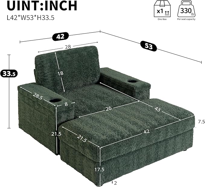 P PURLOVE Oversized Chaise Lounge Chair Indoor with Storage and OttomanSleeper Chair with Cup Holder and Storage ArmrestReclining Chair for Living RoomBedroomOffice
