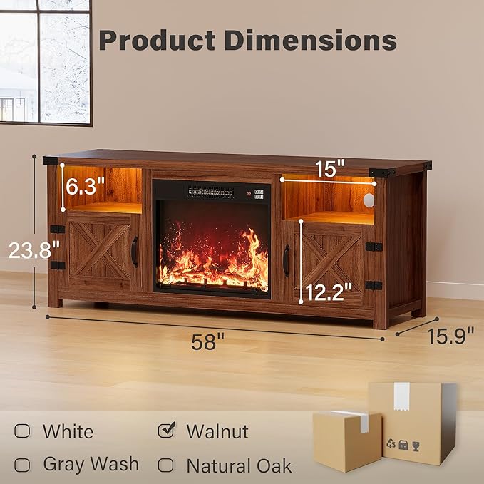 YESHOMY LED Fireplace TV Stand with Mood Lighting TV Cabinet with Open Shelf Farmhouse Media Console with Hidden Cable Routing Entertainment Center for Televisions up to 65+ Inch Walnut