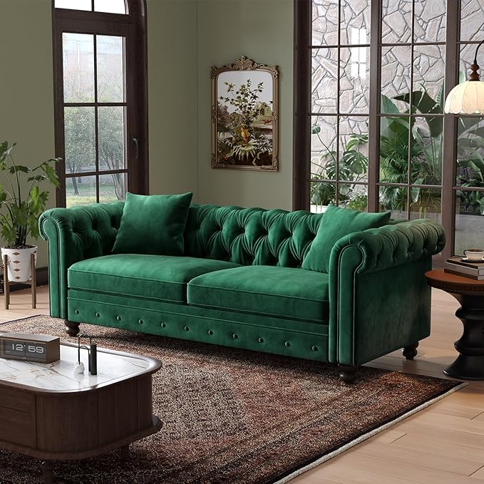 ONBRILL 82 Inch Chesterfield Sofa 23 Inch Deep Seat Velvet Couch for Living Room Button Tufted Couch with Rolled Arms 2 Throw Pillows Comfy Vintage Loveseat Sofa for Apartment Green
