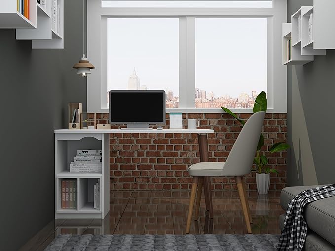 Manhattan Comfort Hampton Mid Century Modern Home Office Desk Table with 3 Cubby Spaces 53.54 White