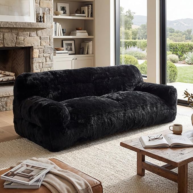 Black Compressed Couch 70 2-Seater Fluffy Faux Fur Boneless Loveseat Sofa with Memory Foam for Living Rooms Bedrooms Apartments No Assembly Required | Plush faux fur Memory foam comfort Zero as
