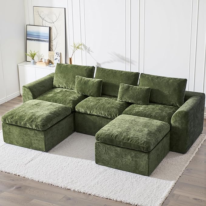 Modern Sectional Cloud Couch - 120'' Soft Modular Sectional Sofa – No Assembly Required - Deep Seat Couches with 2 Movable Ottomans - Oversized Chenille Sofa for Living Room - Green