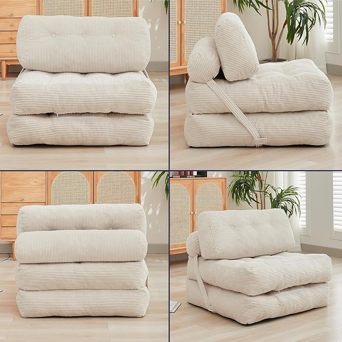 ijuicy Folding Sofa BedCorduroy Futon Sofa Bed Convertible Sleeper Chair with Pillow Foldable Mattress with Back Support Floor Couch for Adults for Living RoomNo Assembly（Beige/Single）