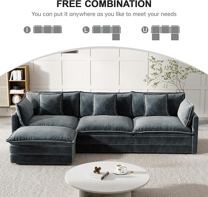 Modular Sectional Sofa 111.5 Inch L-Shaped Cloud Sofa with Deep Seat Chenille Sofa with Cushions Three-Self Sectional Sofa for Living Room ApartmentGray