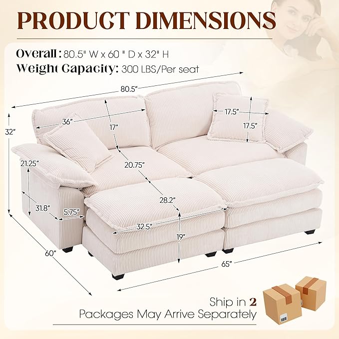 Corduroy Modular Cloud Sofa with Ottoman Comfy 2-Seater Sectional Loveseat Sleeper for Living Room Upholstered Deep Seat Modern Couch &amp 2 Throw Pillows and Detachable Armrest (Off White)